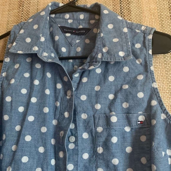 Tommy Hilfiger Top Denim Cotton Blue Blouse Shirt Women Size Small Polka Dot - Picture 2 of 3